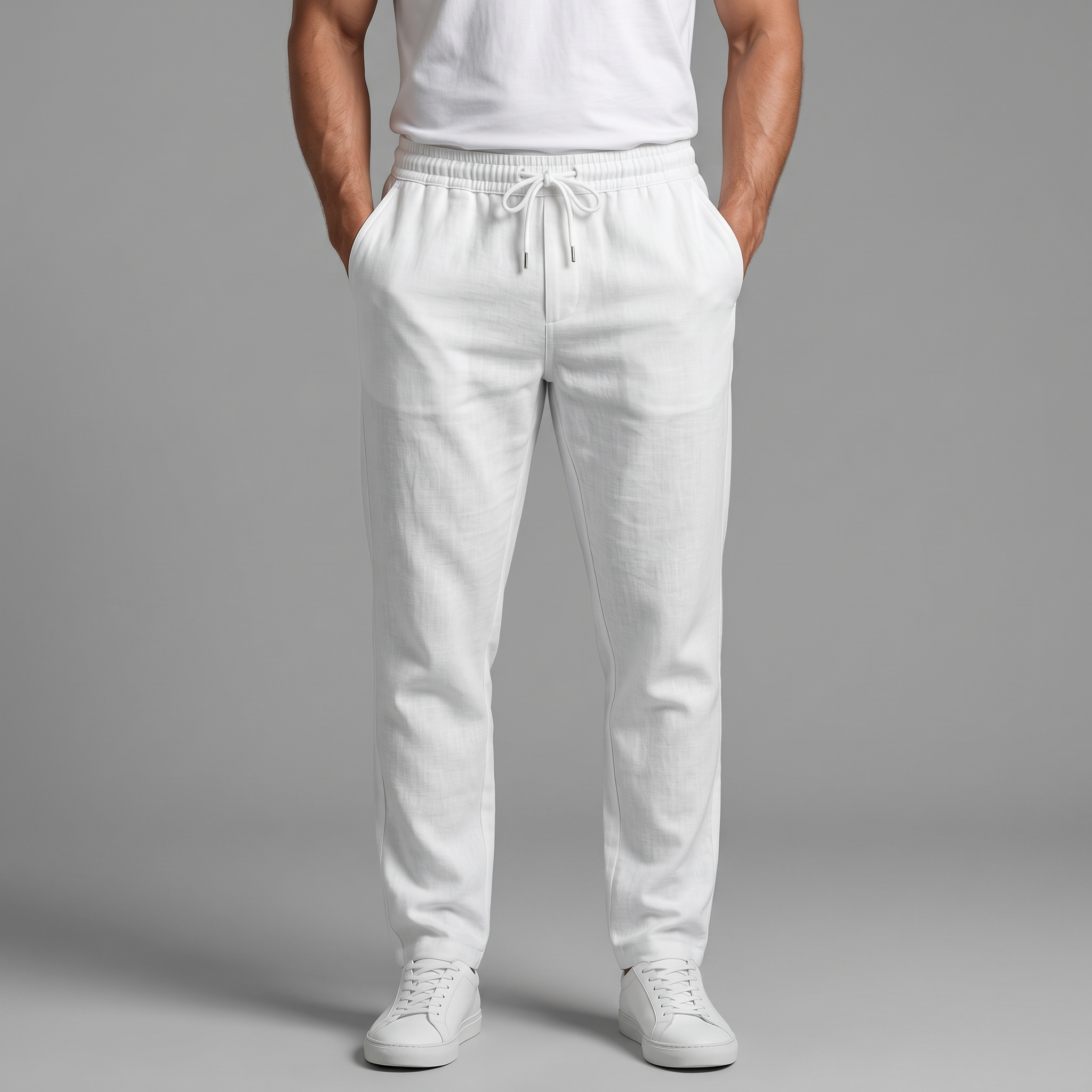 Men's beige and grey slim fit drawstring trousers with cropped ankle length