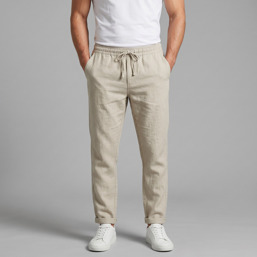 Men's beige and grey slim fit drawstring trousers with cropped ankle length