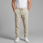 Men's beige and grey slim fit drawstring trousers with cropped ankle length