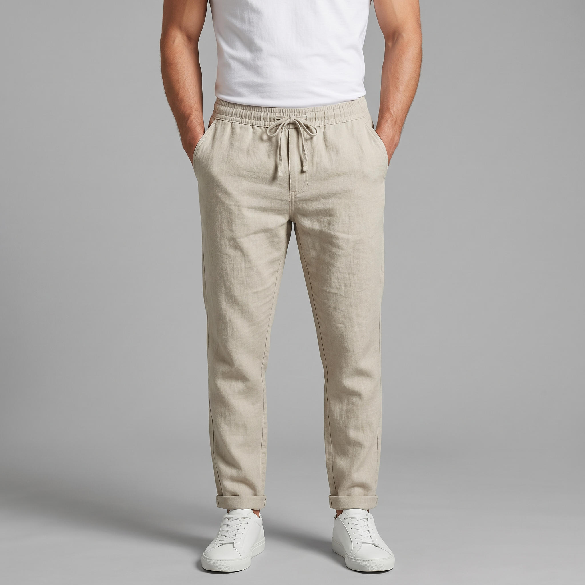 Men's beige and grey slim fit drawstring trousers with cropped ankle length