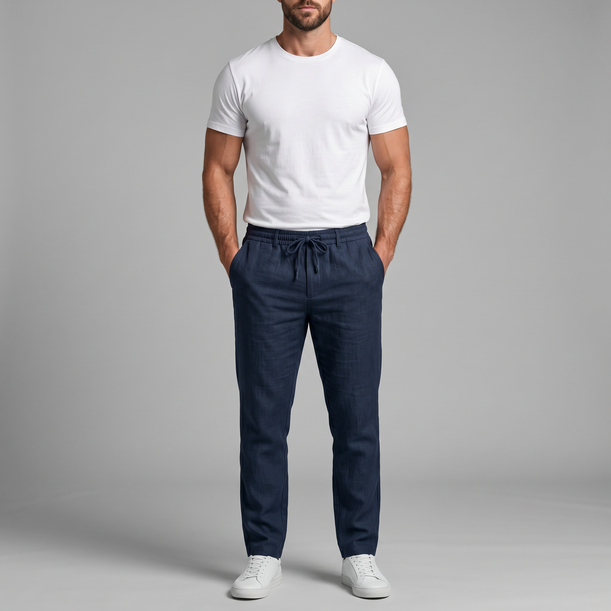 Men's beige and grey slim fit drawstring trousers with cropped ankle length