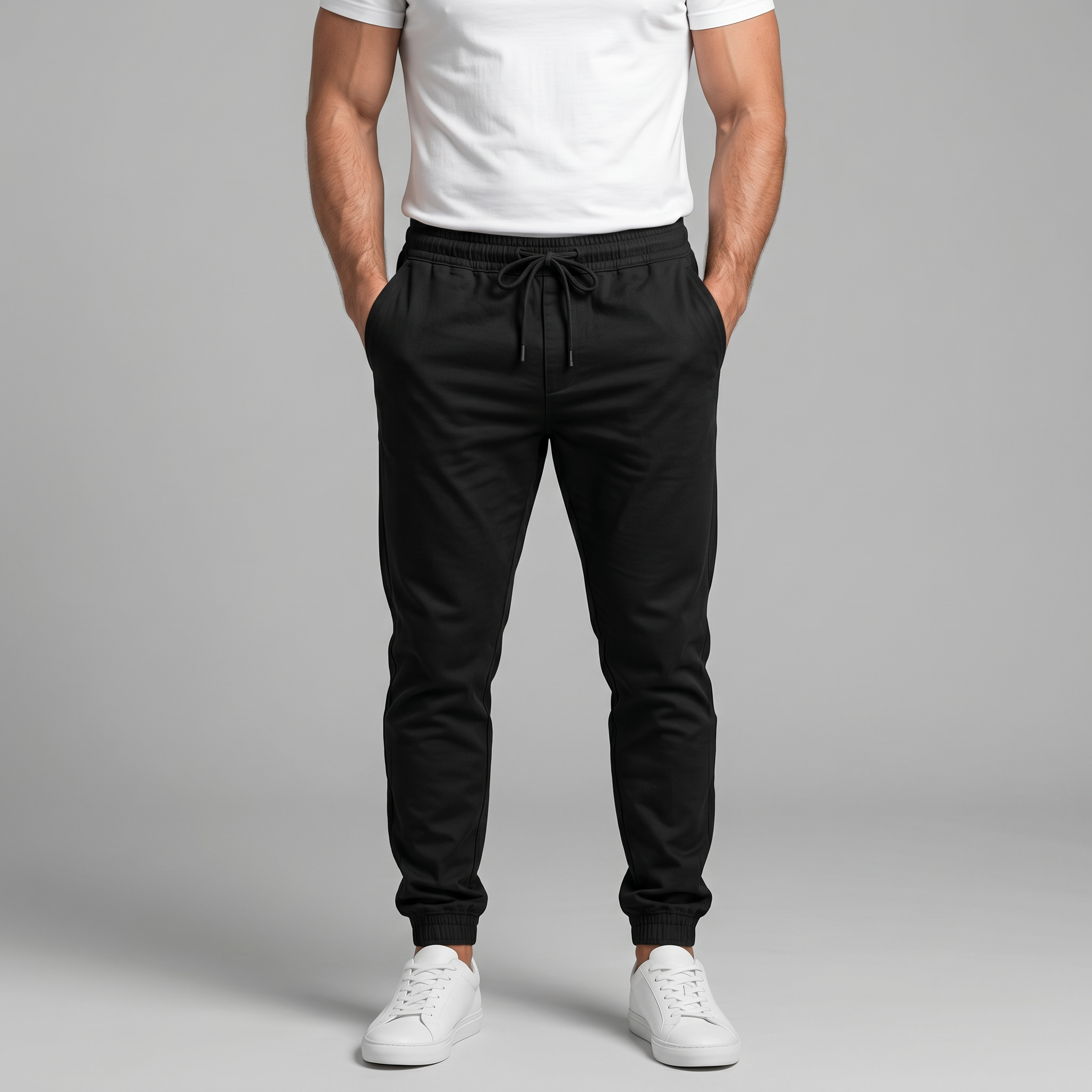 Men's beige and grey slim fit drawstring trousers with cropped ankle length