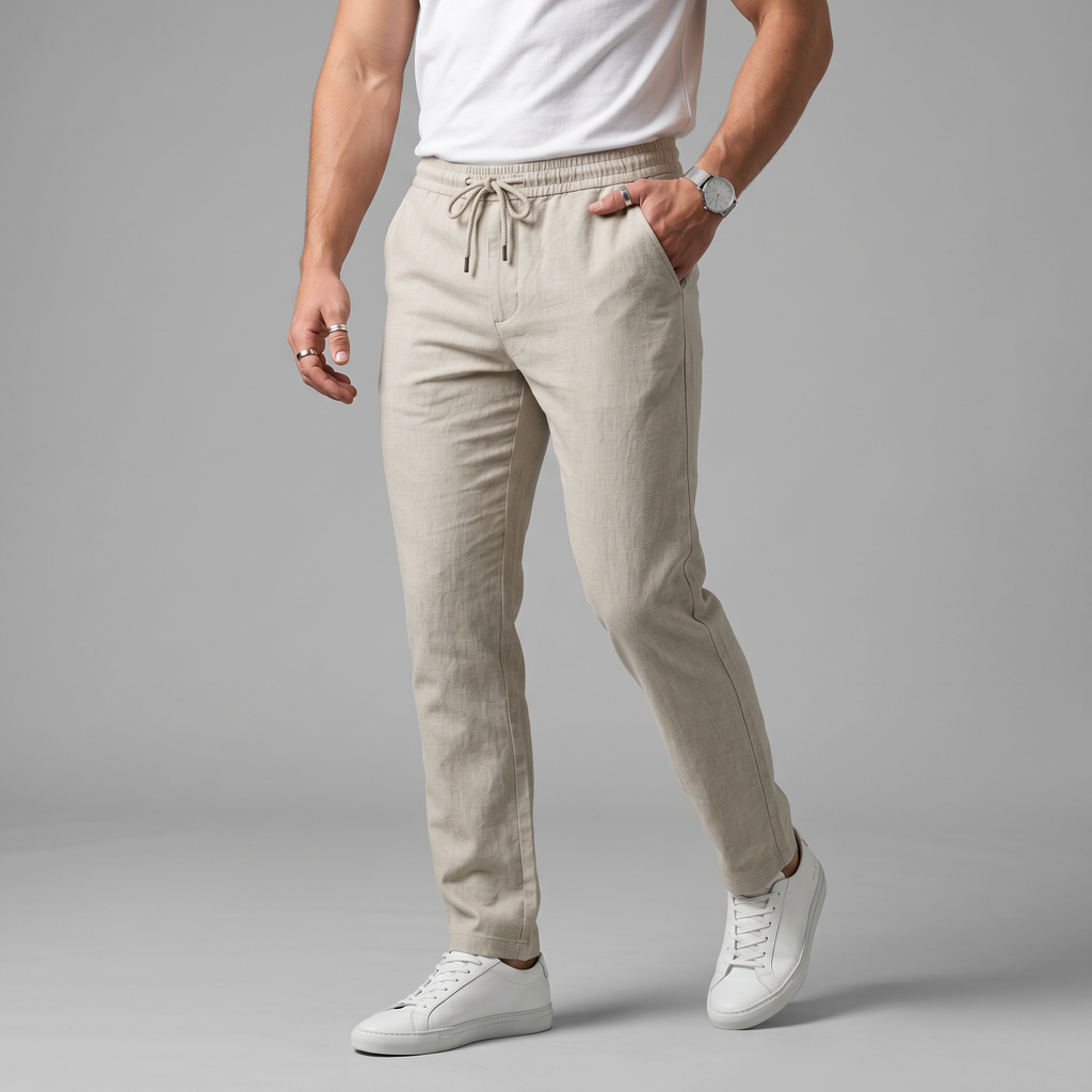 Men's beige and grey slim fit drawstring trousers with cropped ankle length