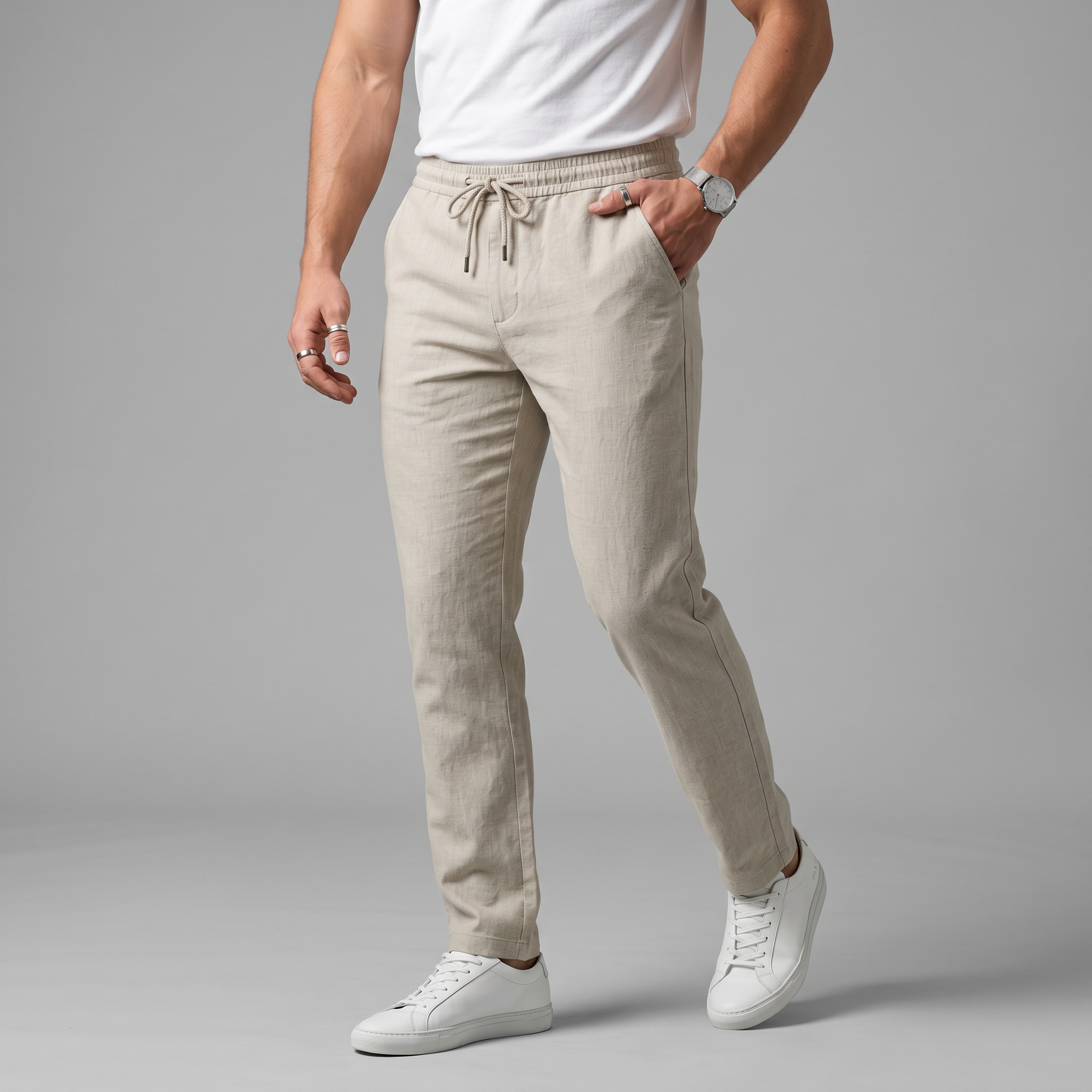 Men's beige and grey slim fit drawstring trousers with cropped ankle length