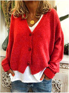 Women's long-sleeve V-neck button cardigan shown in multiple colours