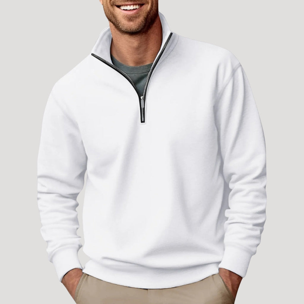 Men's white half-zip sweatshirt with stand collar and ribbed trims