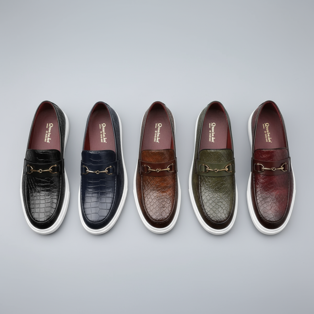 Embossed slip-on loafers with gold bit detail and flat contrasting soles