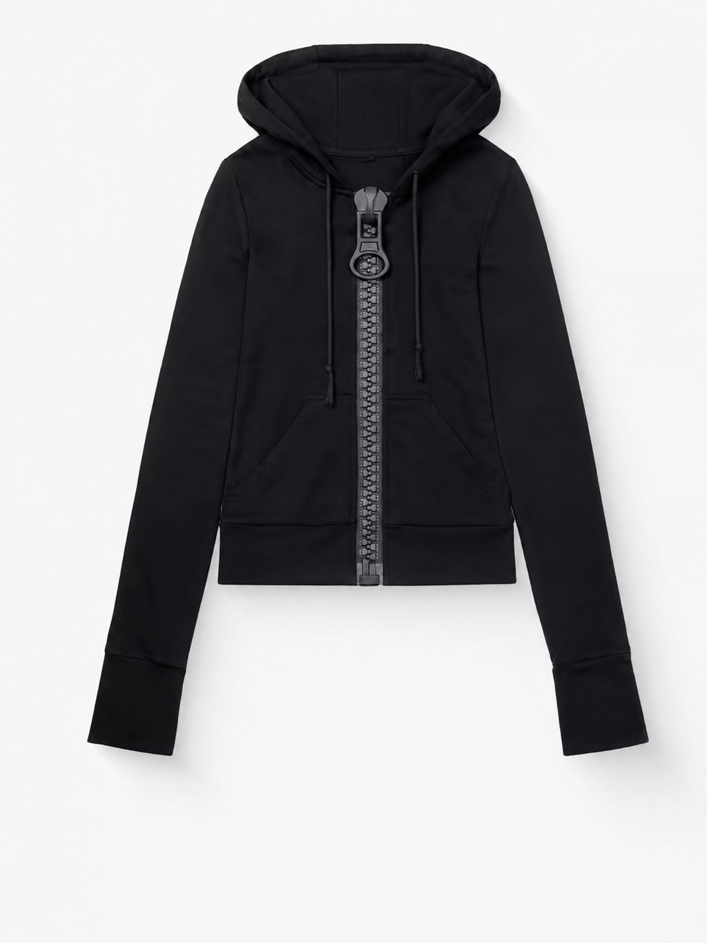 Women's cropped hooded zip hoodie with bright contrast zipper and pouch pockets