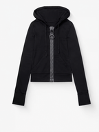 Women's cropped hooded zip hoodie with bright contrast zipper and pouch pockets