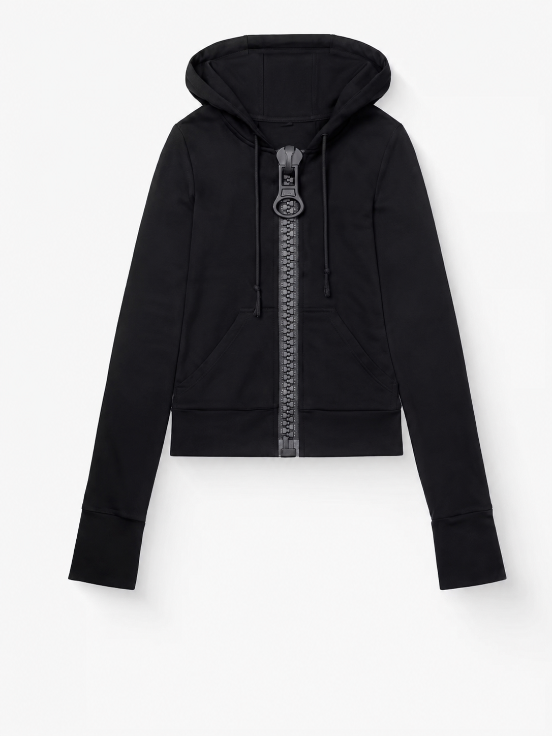 Women's cropped hooded zip hoodie with bright contrast zipper and pouch pockets