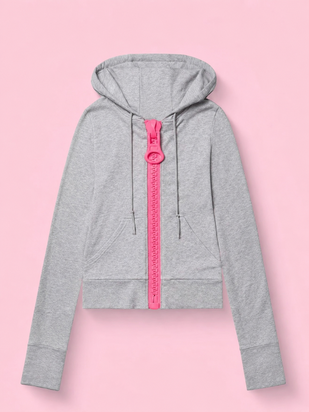 Women's cropped hooded zip hoodie with bright contrast zipper and pouch pockets