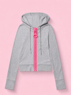 Women's cropped hooded zip hoodie with bright contrast zipper and pouch pockets