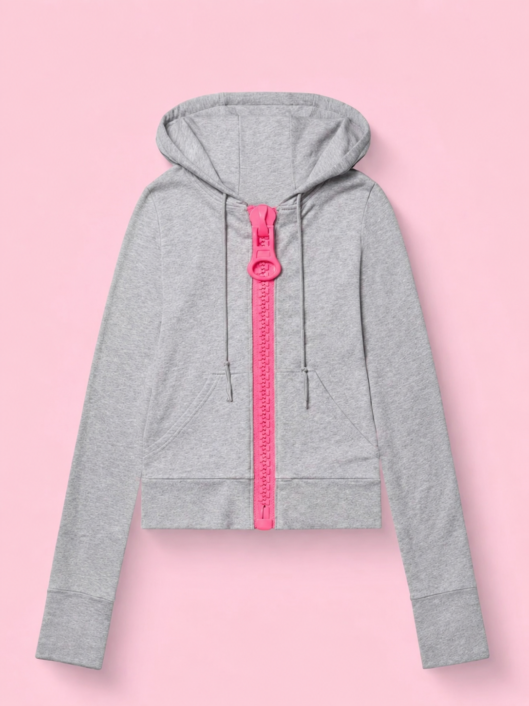 Women's cropped hooded zip hoodie with bright contrast zipper and pouch pockets