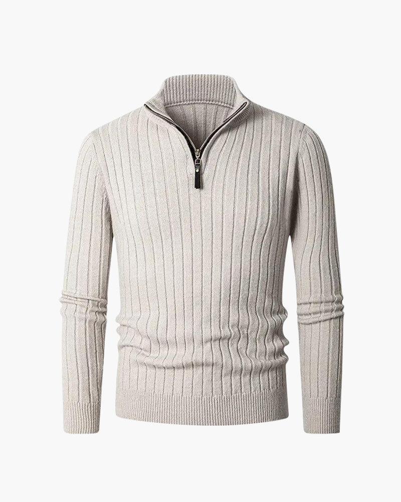 Men's ribbed half-zip jumper with high collar and long sleeves