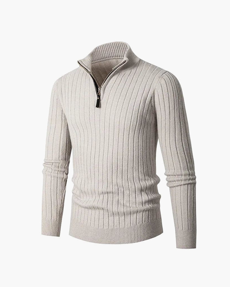 Men's ribbed half-zip jumper with high collar and long sleeves