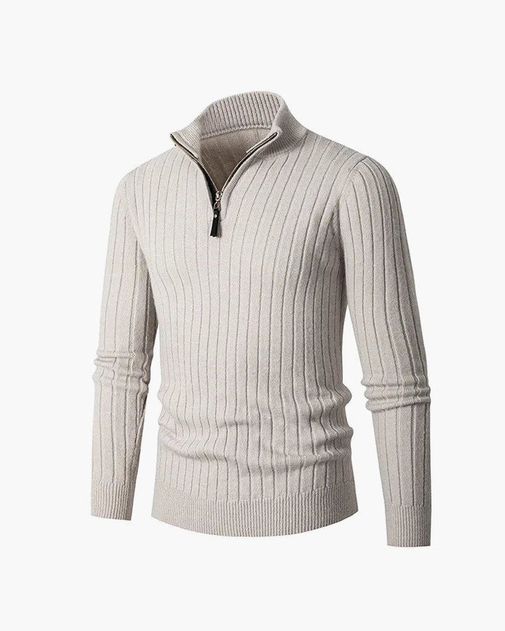 Men's ribbed half-zip jumper with high collar and long sleeves