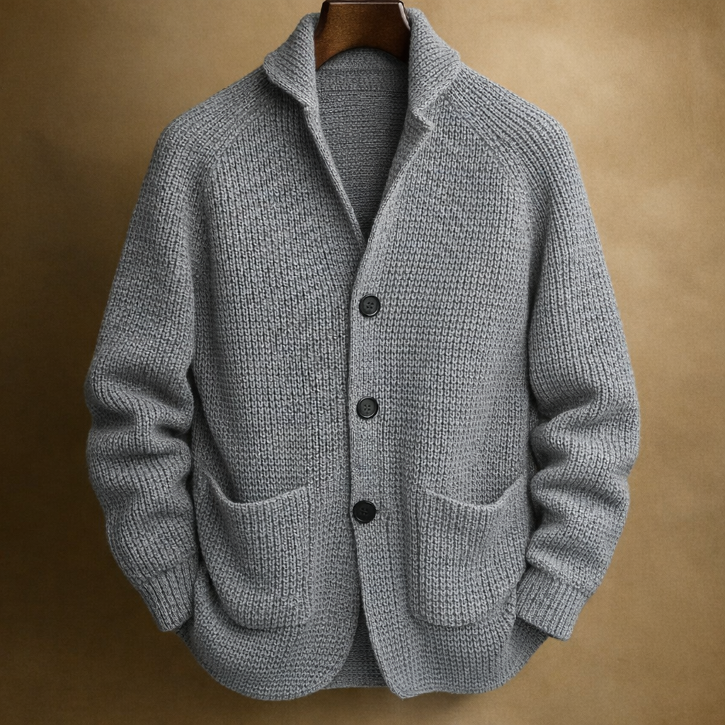 Men's ribbed shawl-collar cardigan with button front and two pockets