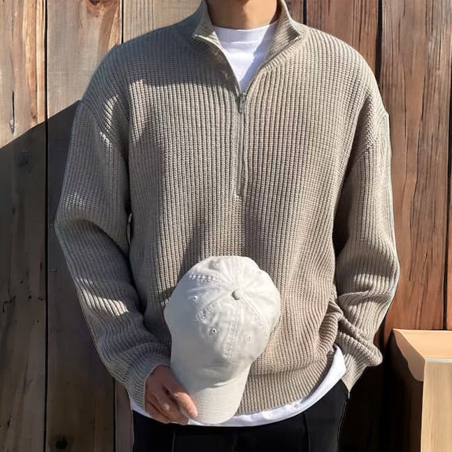 Men's ribbed half-zip jumper with mock neck and long sleeves