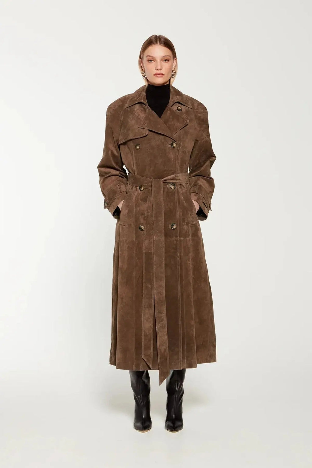 Women's brown long trench coat with contrast lapels and belted waist