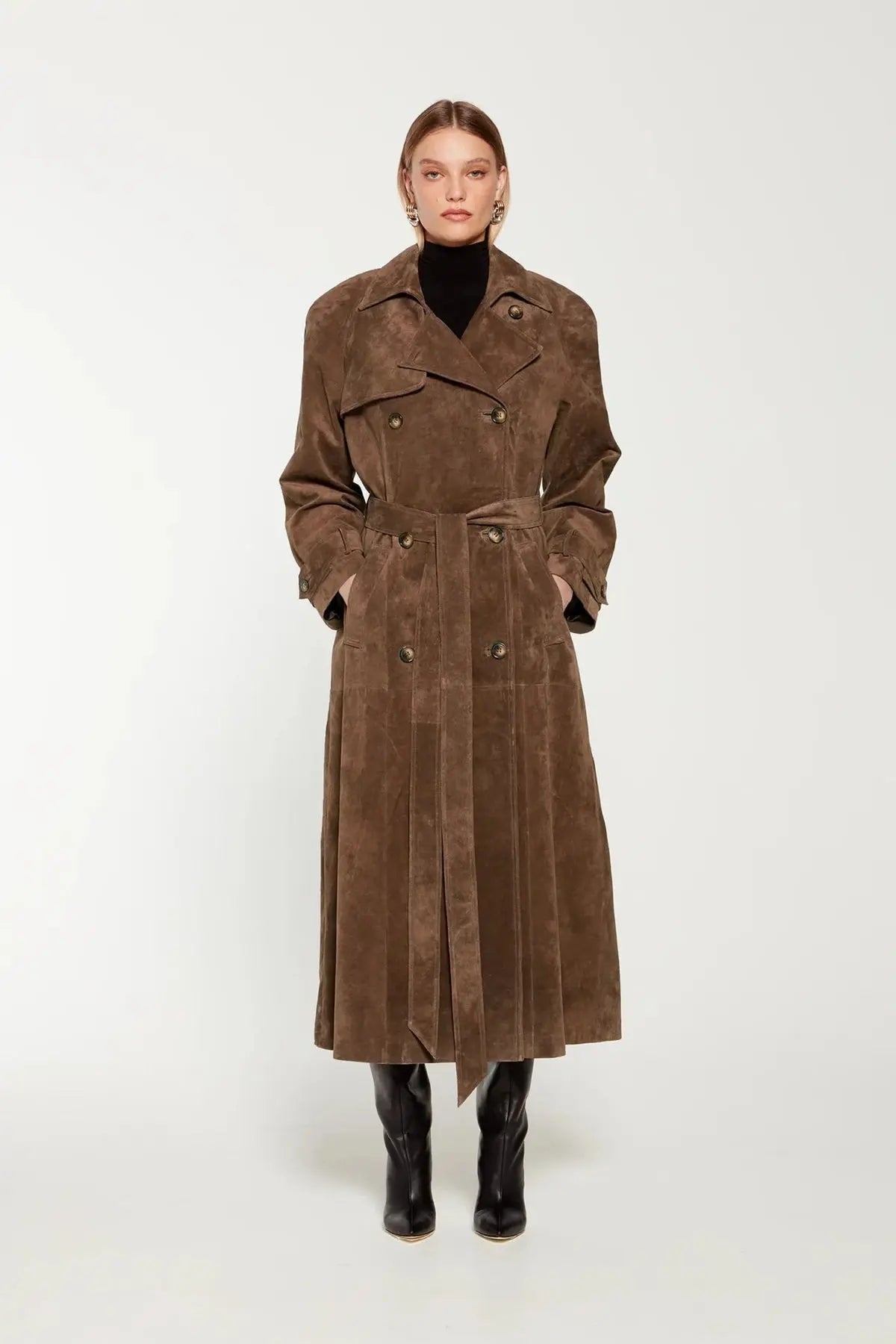 Women's brown long trench coat with contrast lapels and belted waist