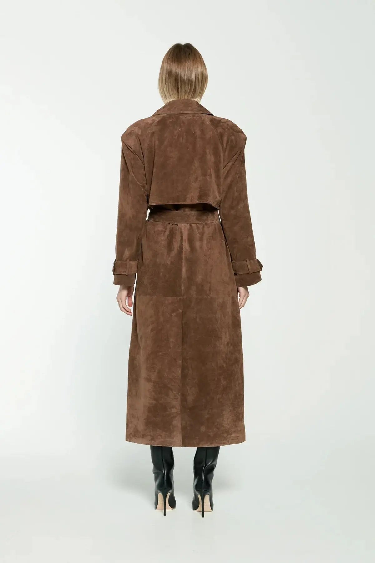 Women's brown long trench coat with contrast lapels and belted waist