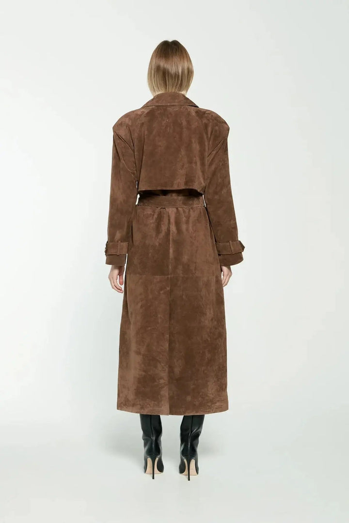 Women's brown long trench coat with contrast lapels and belted waist