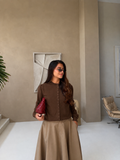 Women's brown crew neck cardigan with long sleeves and button front