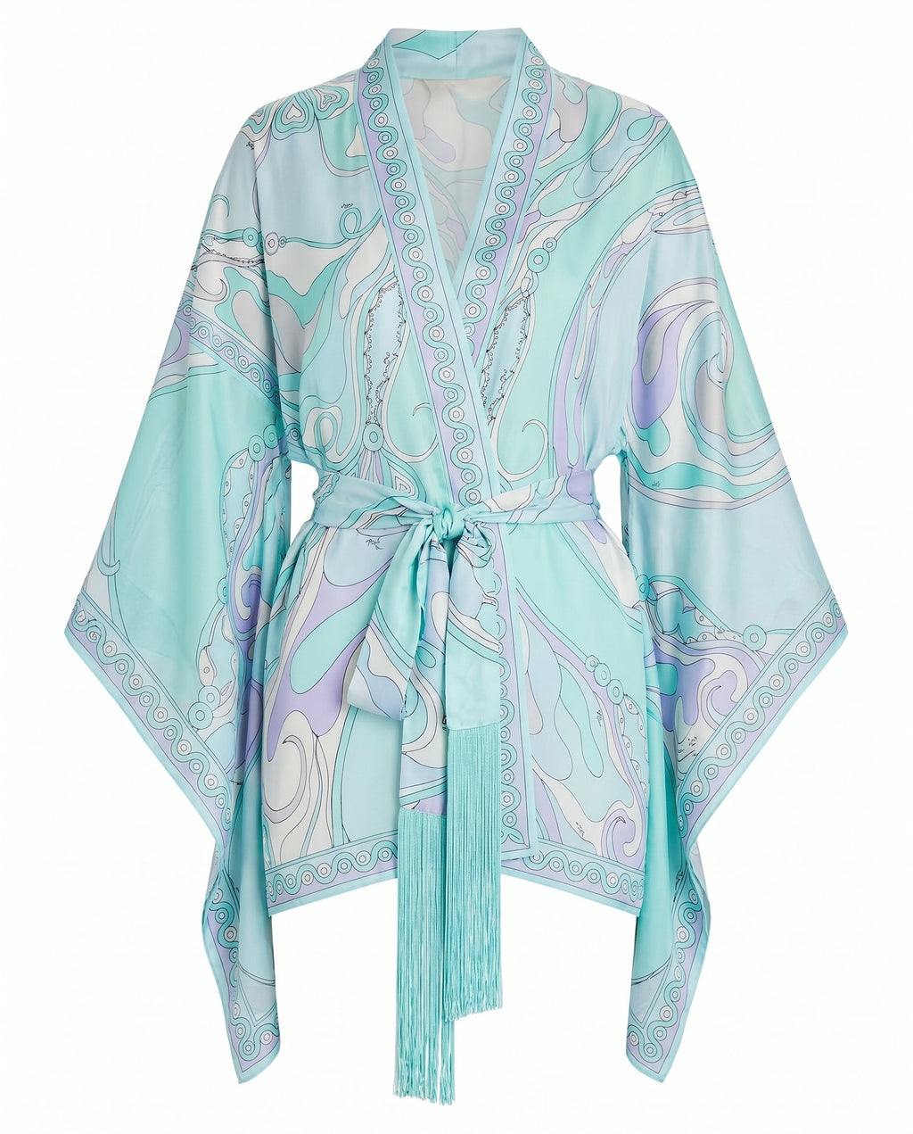 Women's printed robe in turquoise with tie waist, V-neck, long sleeves and decorative fringe