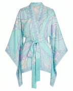 Women's printed robe in turquoise with tie waist, V-neck, long sleeves and decorative fringe