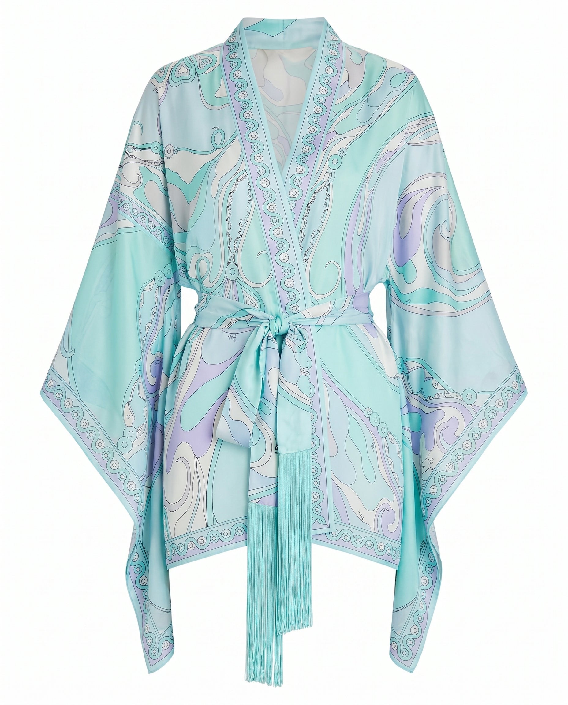 Women's printed robe in turquoise with tie waist, V-neck, long sleeves and decorative fringe