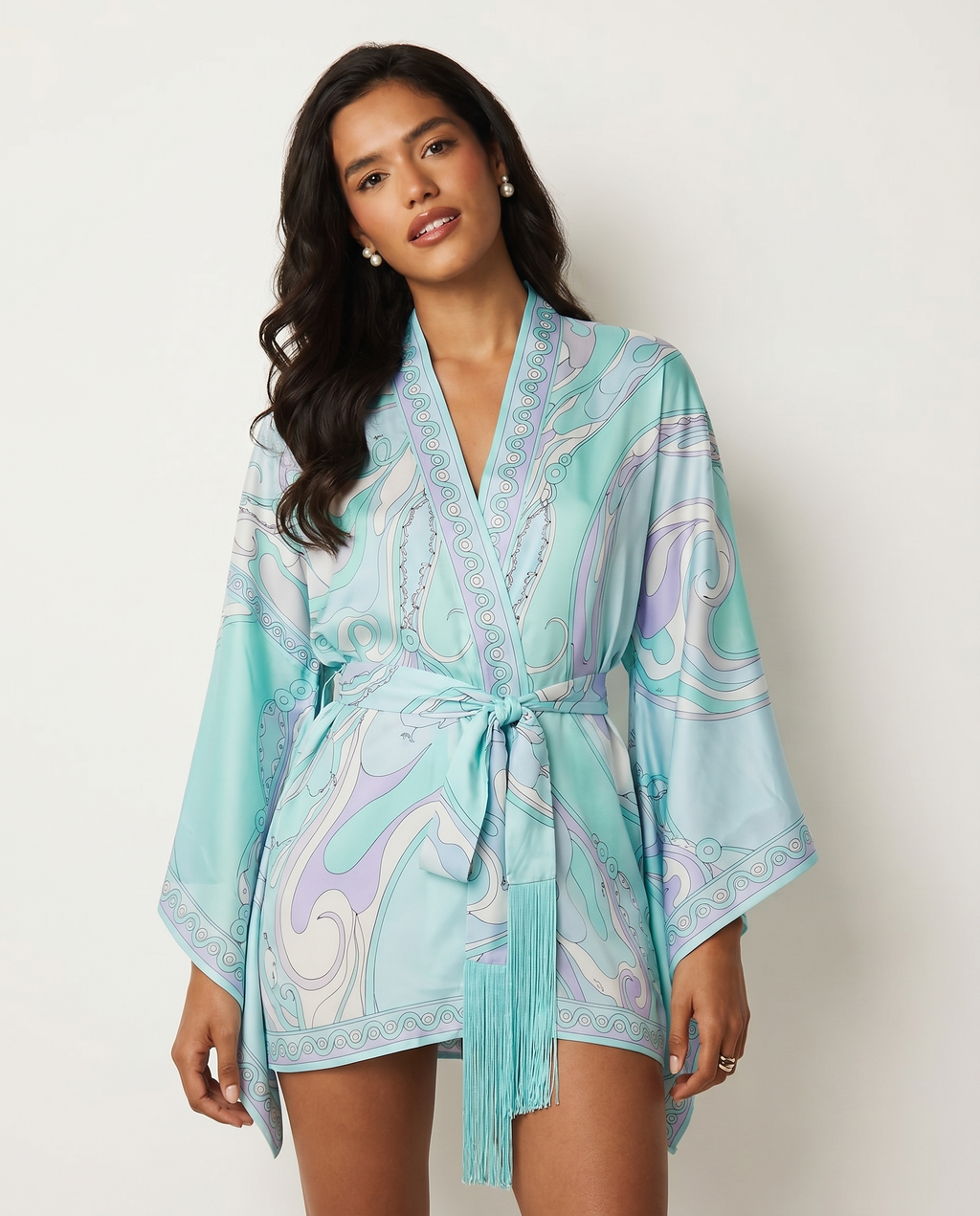 Women's printed robe in turquoise with tie waist, V-neck, long sleeves and decorative fringe