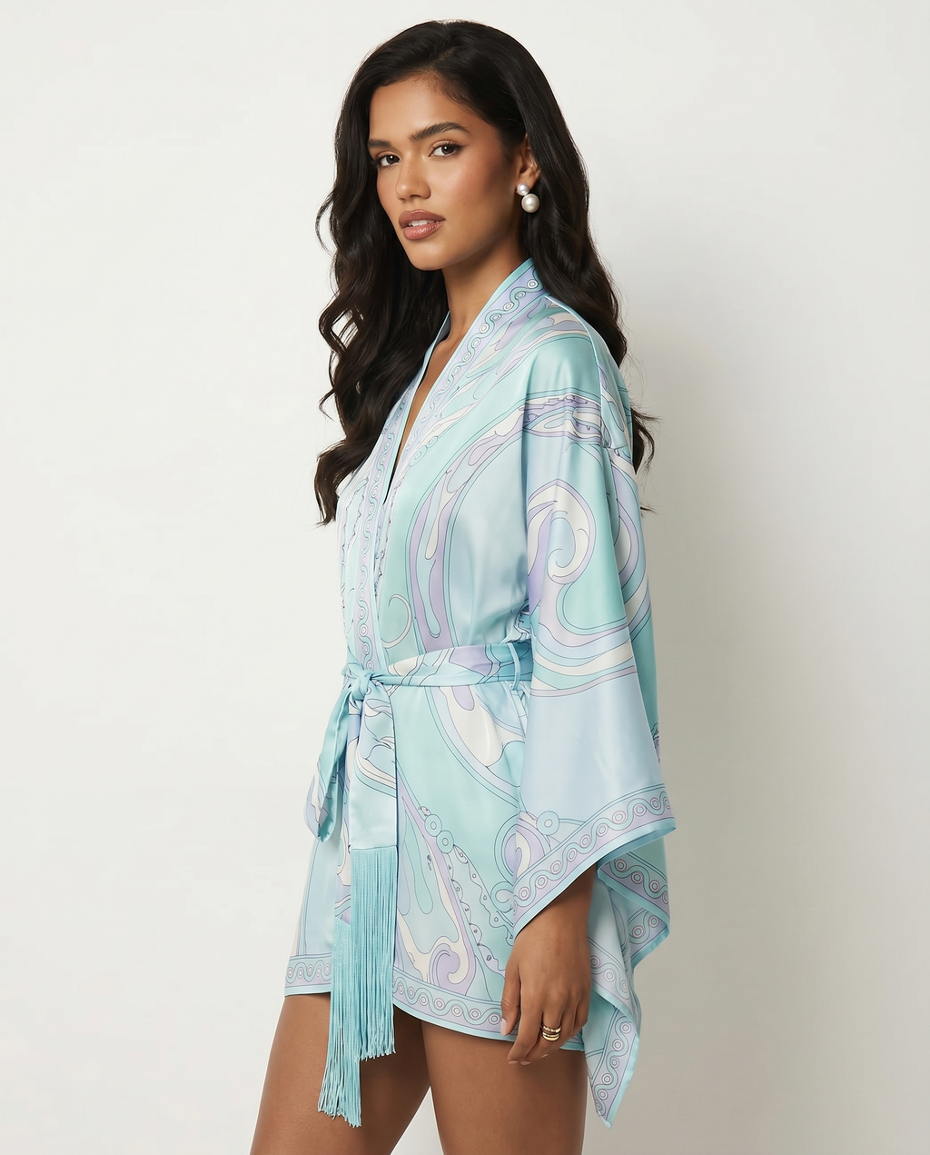 Women's printed robe in turquoise with tie waist, V-neck, long sleeves and decorative fringe