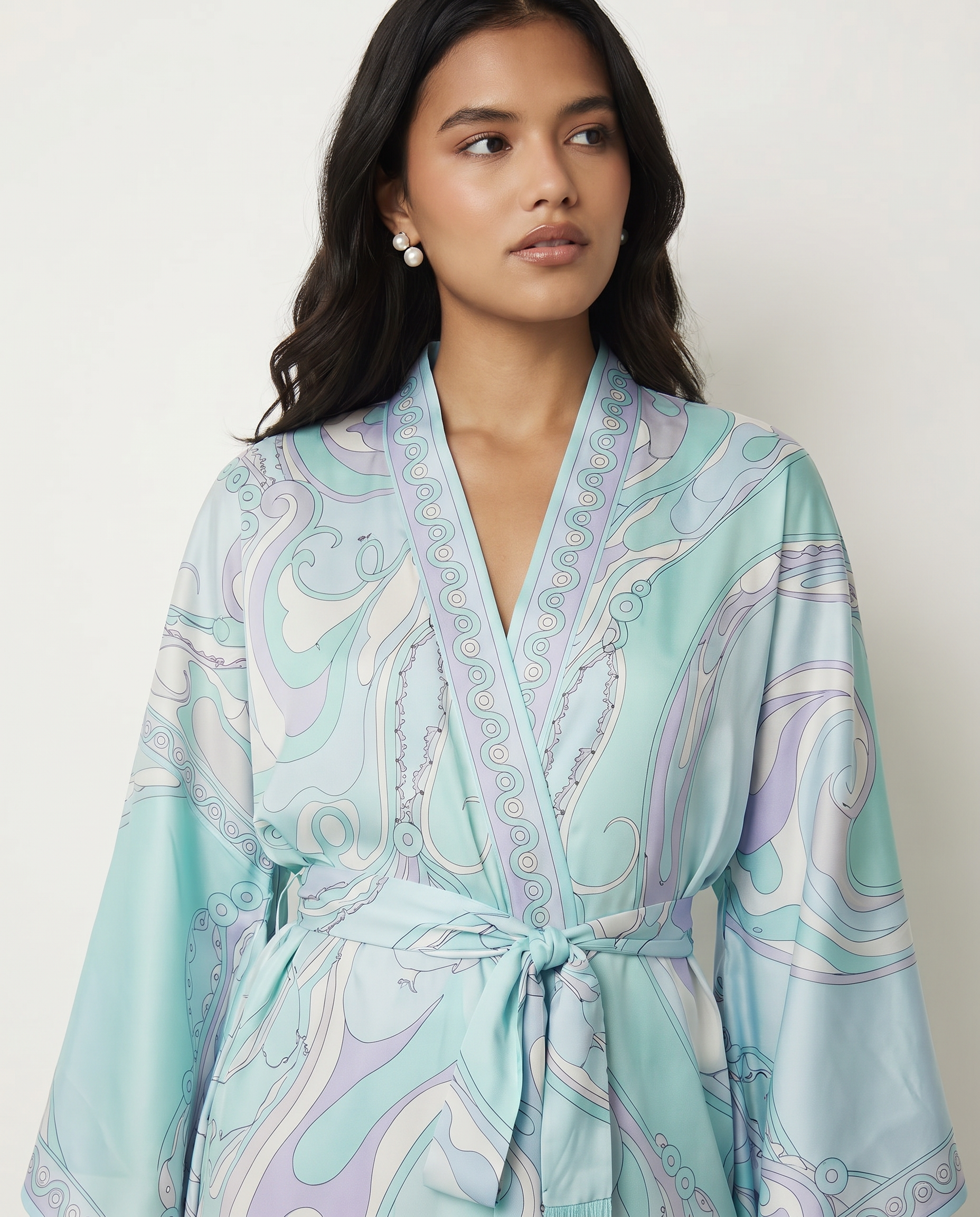 Women's printed robe in turquoise with tie waist, V-neck, long sleeves and decorative fringe