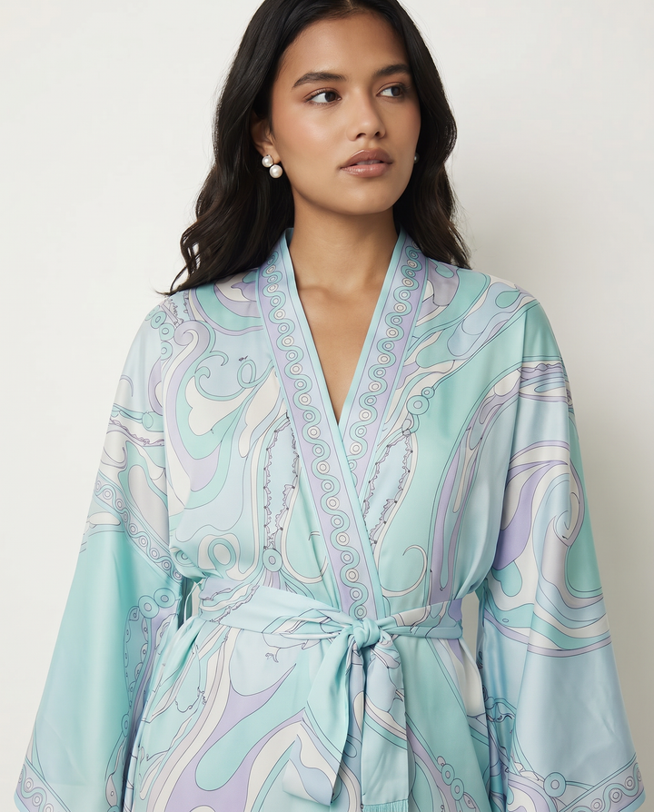 Women's printed robe in turquoise with tie waist, V-neck, long sleeves and decorative fringe
