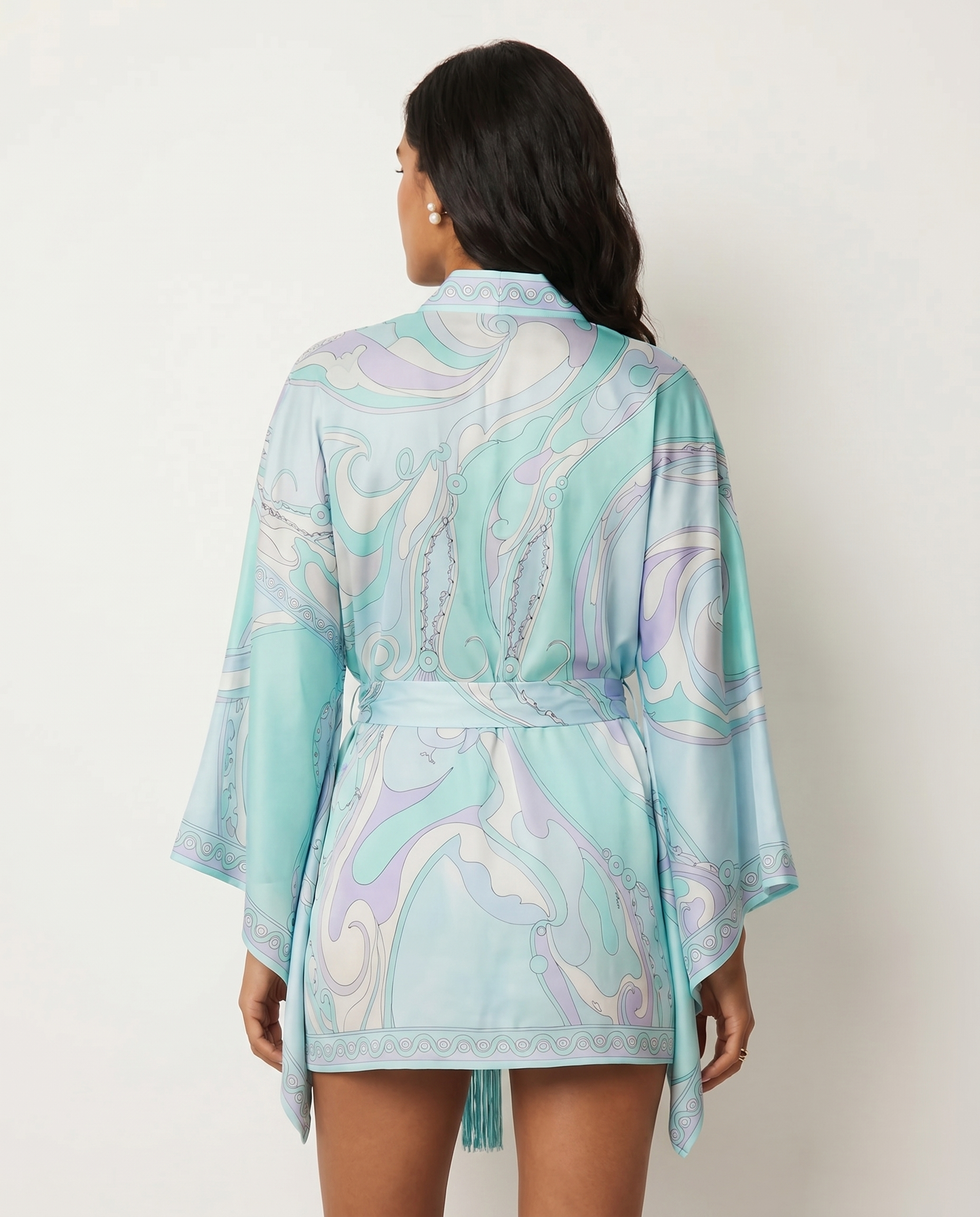 Women's printed robe in turquoise with tie waist, V-neck, long sleeves and decorative fringe