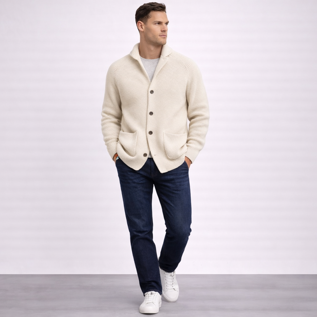 Men's ribbed shawl-collar cardigan with button front and two pockets