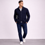 Men's ribbed shawl-collar cardigan with button front and two pockets