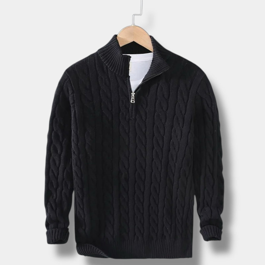Men's cable knit half-zip mock neck sweater