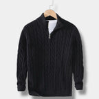 Men's cable knit half-zip mock neck sweater
