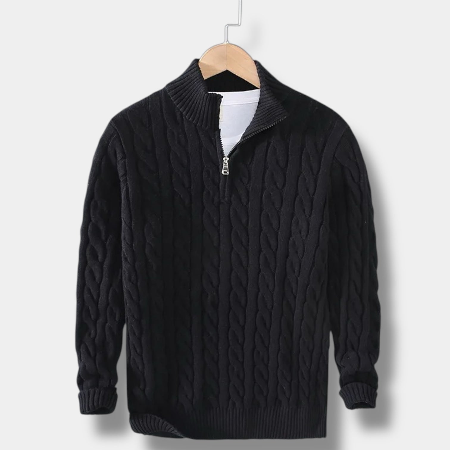 Men's cable knit half-zip mock neck sweater
