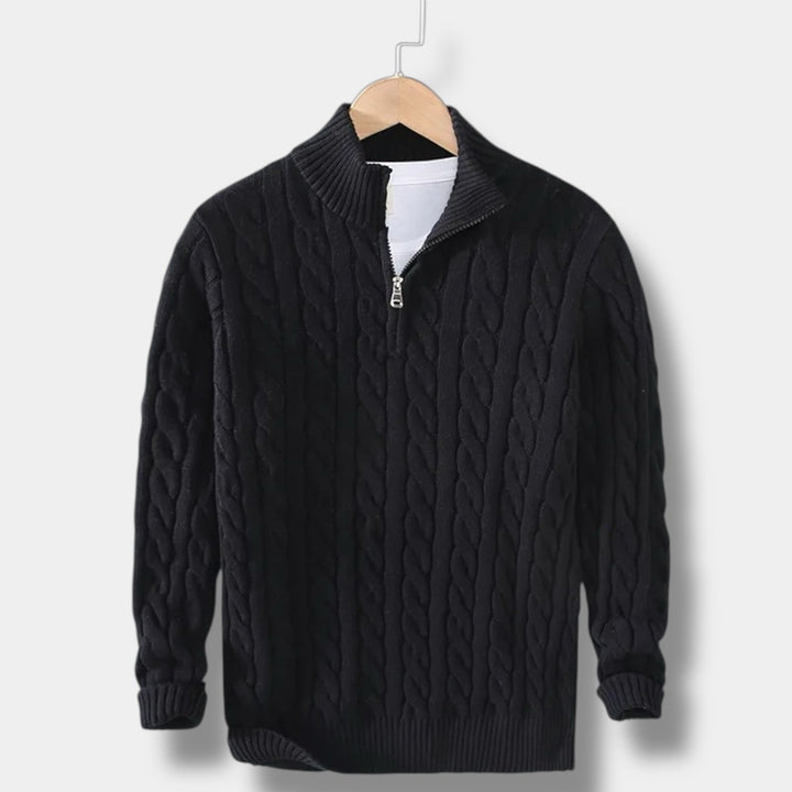 Men's cable knit half-zip mock neck sweater