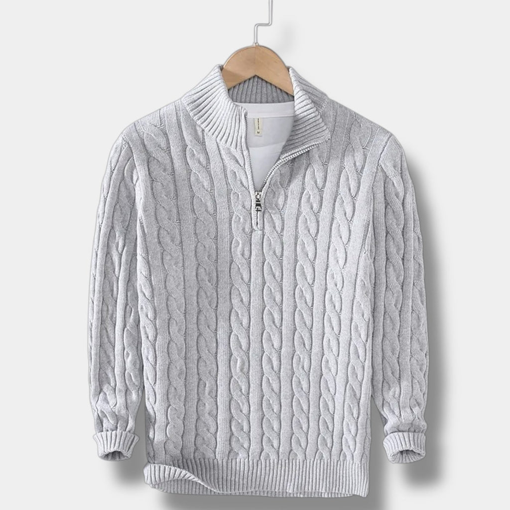 Men's cable knit half-zip mock neck sweater