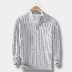 Men's cable knit half-zip mock neck sweater
