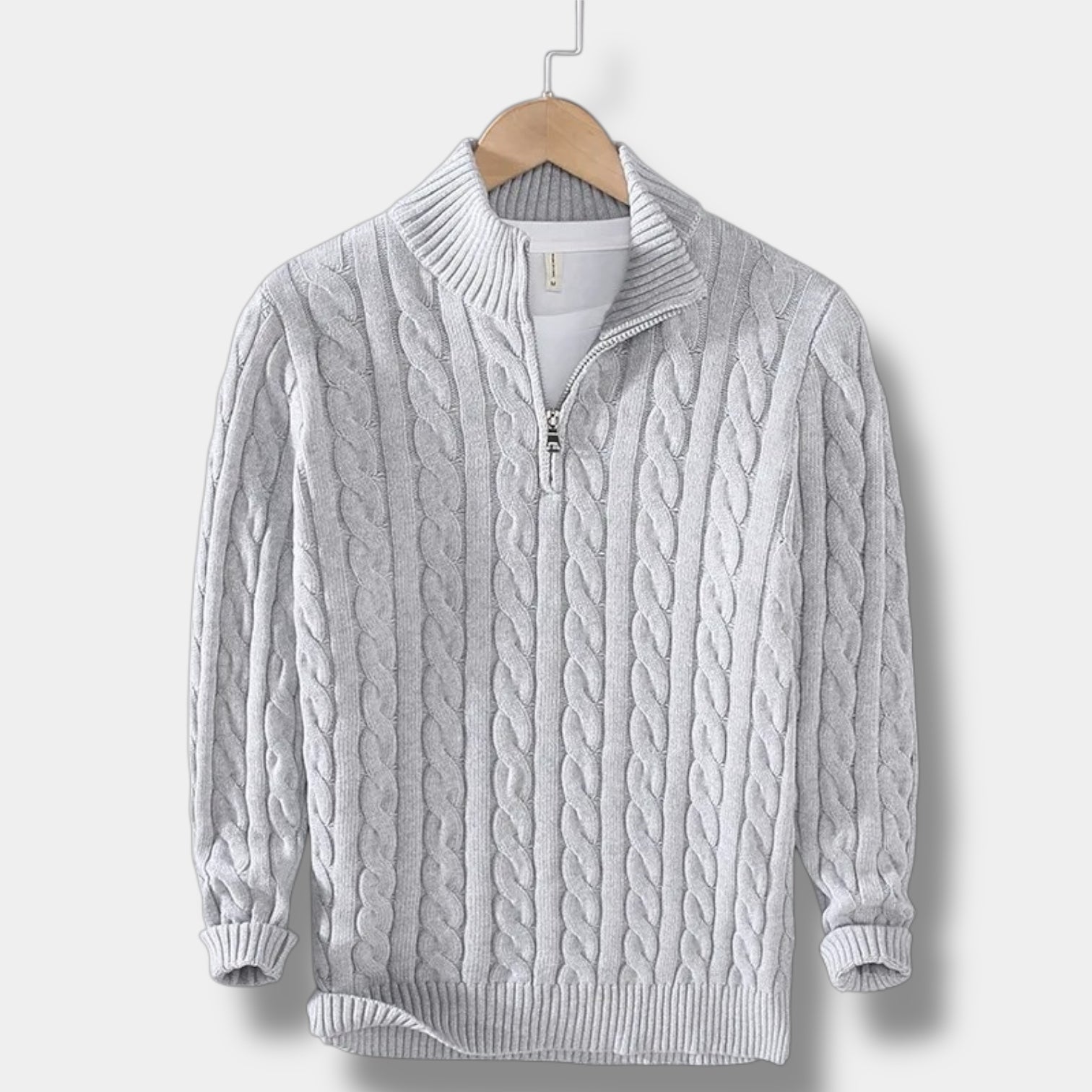 Men's cable knit half-zip mock neck sweater