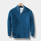 Men's cable knit half-zip mock neck sweater