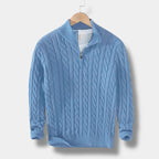 Men's cable knit half-zip mock neck sweater