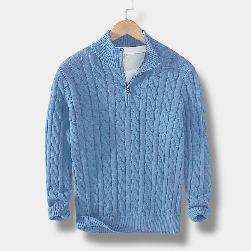Men's cable knit half-zip mock neck sweater