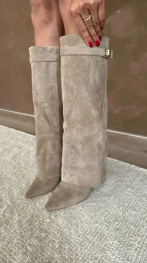 Women's mid-calf boots with pointed toes, buckle straps and block heels