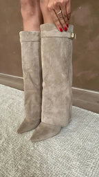 Women's mid-calf boots with pointed toes, buckle straps and block heels