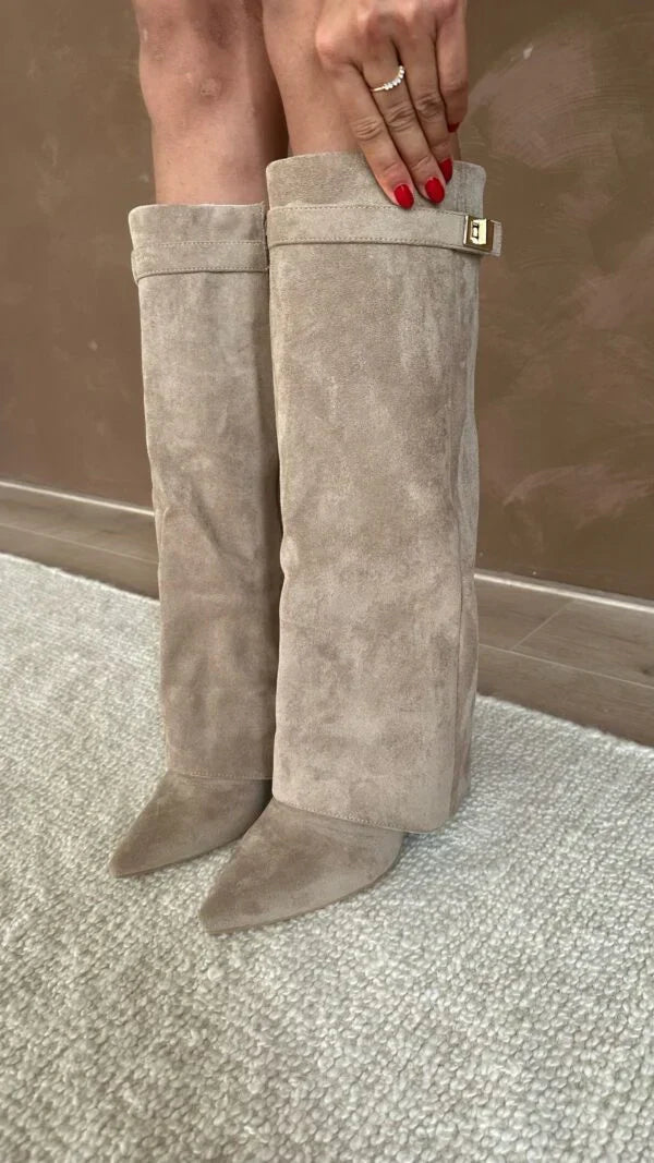 Women's tall pointed-toe heeled boots with buckle detail